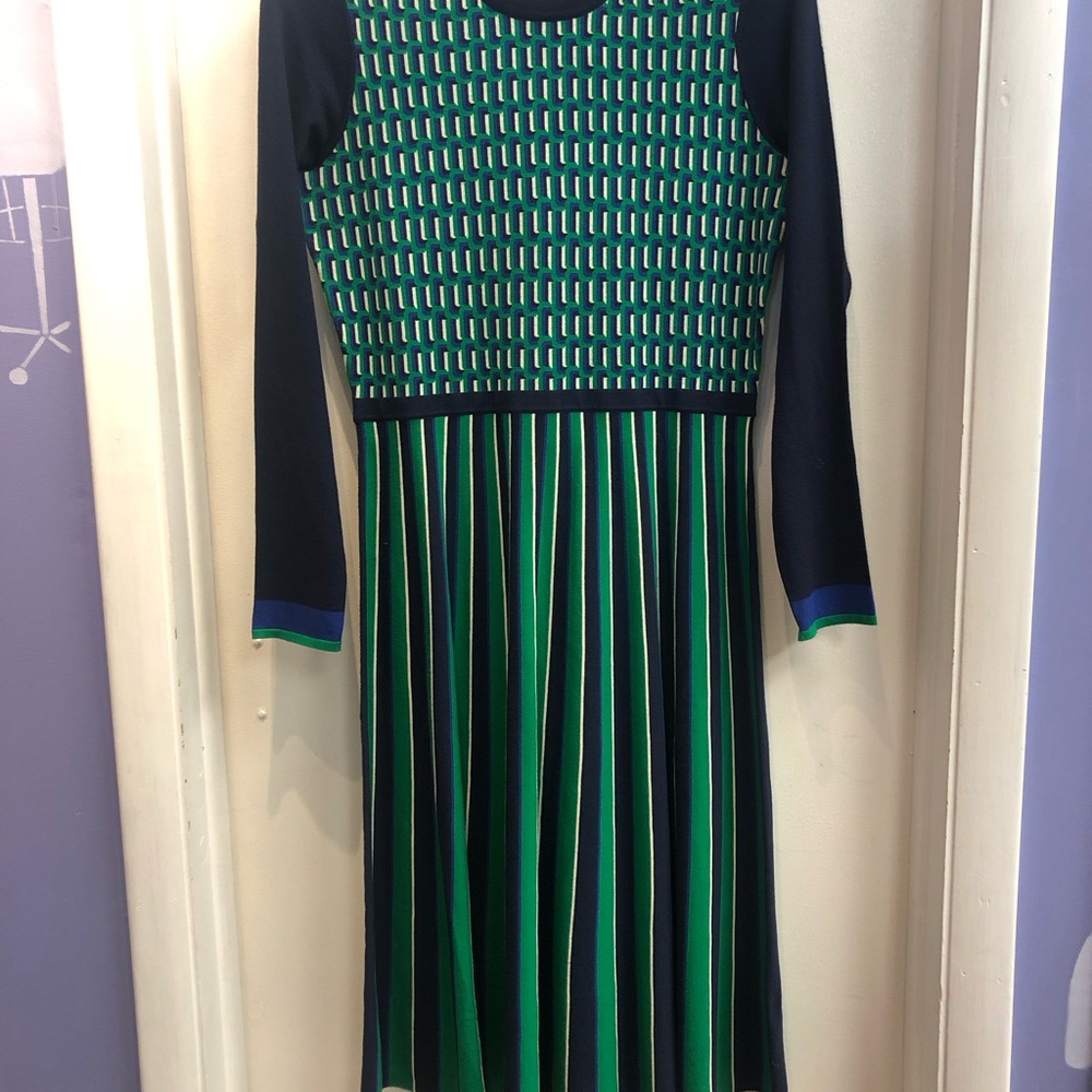 Boden Navy and Green Long Sleeve Striped Knit Dress